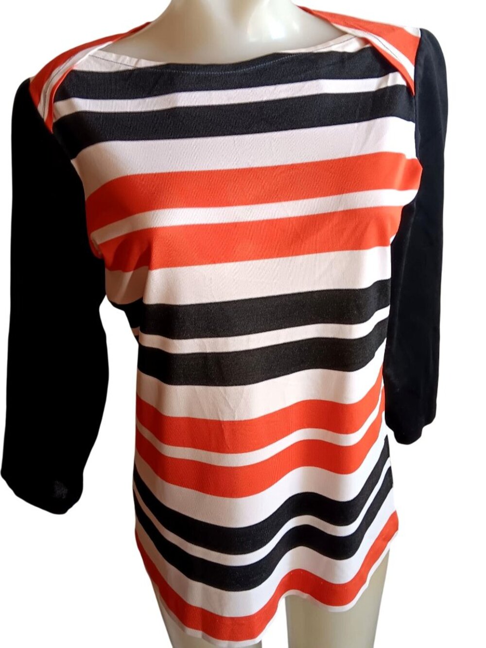 Medium True Vintage Top 1970's Mod Blouse Striped Orange Black White Acetate